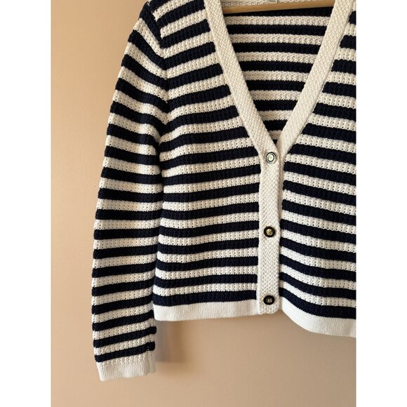 J. Crew Striped Open Knit V-Neck Cardigan Antique Navy Preppy Nautical Coquette - Picture 3 of 8